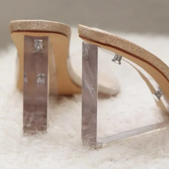 NEW Clear Transparent Wedge Slip On Square Toe Mule Sandal Heels Champagne Gold - Picture 8 of 8